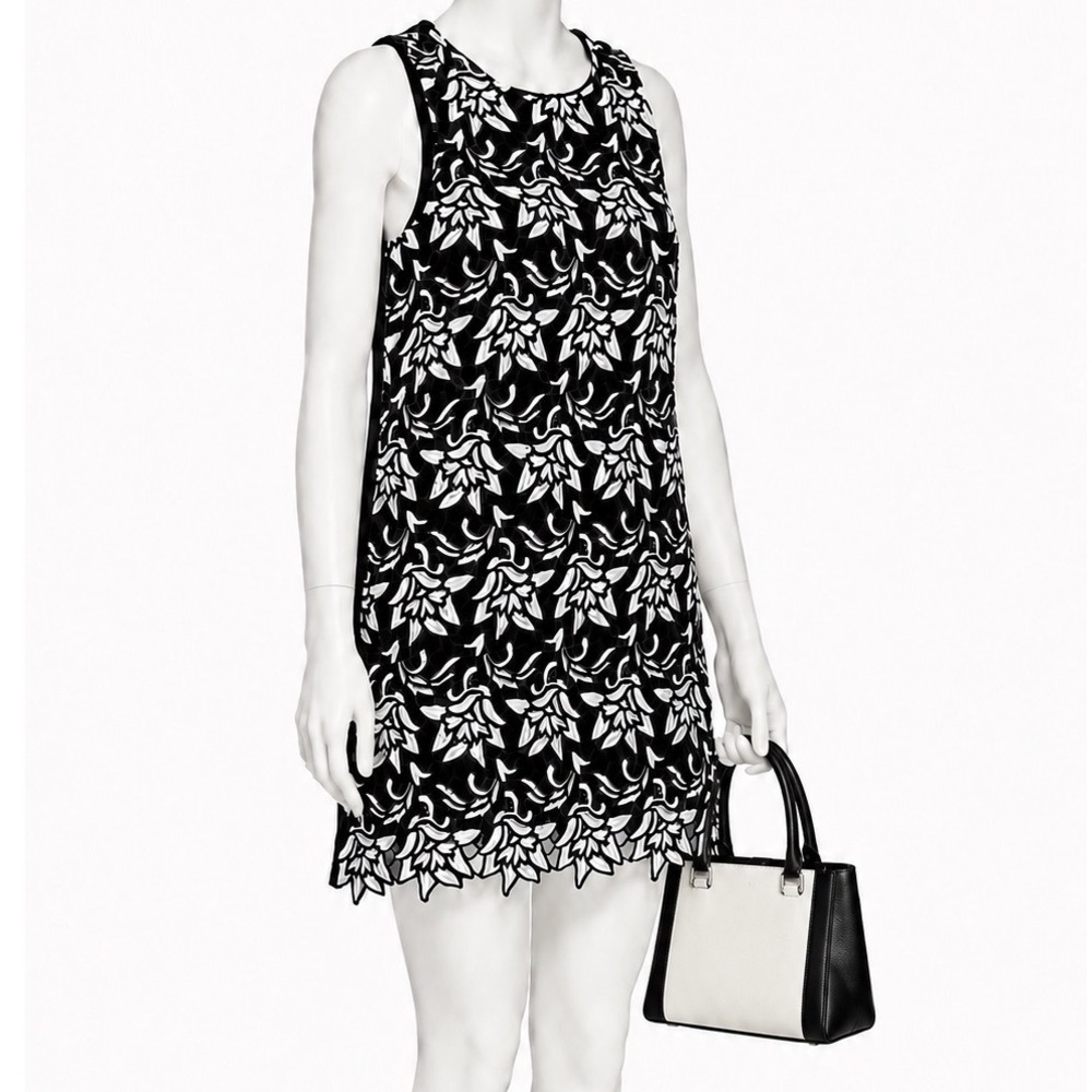 AQUA Black White Embroidered Lace Shift Mini Dress | Women's M